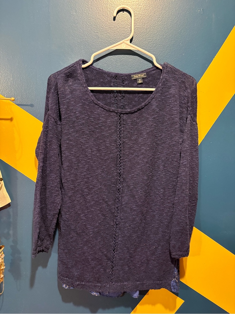 Lucky Brand Navy Blue Lightweight Knit with Floral Back Top GUC